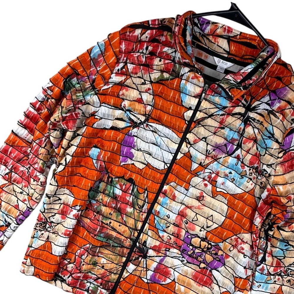 ERIN Women's 1X Orange Floral Crinkle Pleated Zip Front‎ Jacket